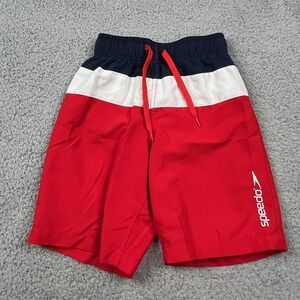 Speedo Swim Shorts Mens Small Red White Blue Colorblock Drawstring Trunks Logo